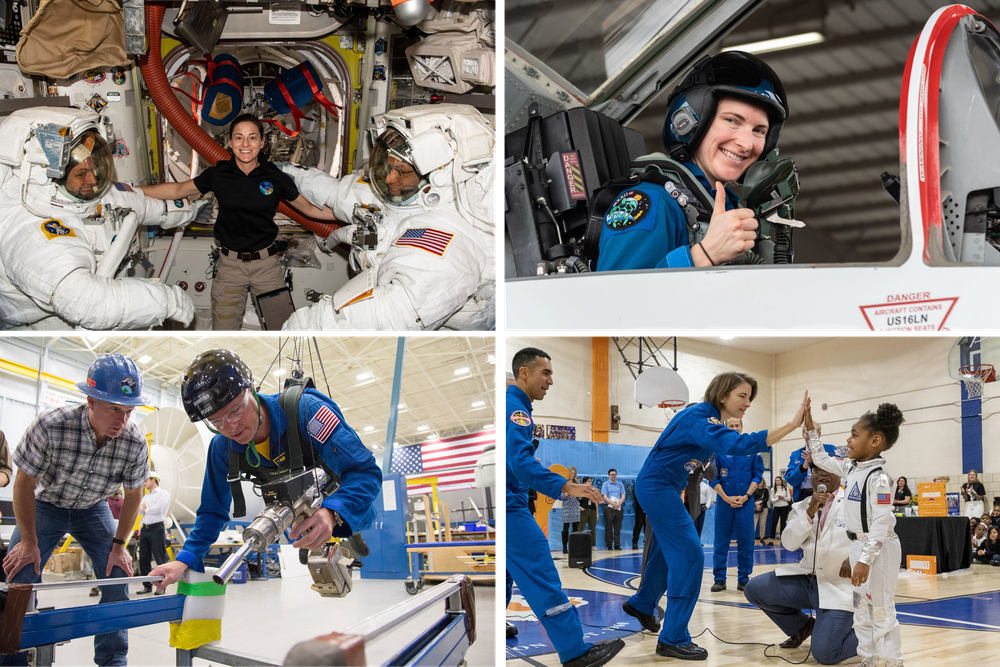 A collage of four photos showing male and female NASA astronauts completing tasks such as preparing for a spacewalk, flying a jet, training for spacewalks, and interacting with young children.